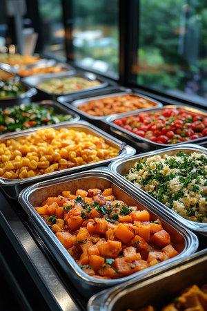Buffet with assorted hot dishes in a restaurant, colorful and inviting, focus on varietyの素材