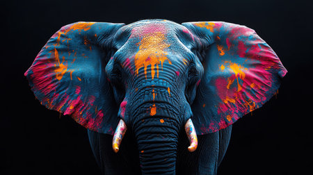Elephant with vibrant, dripping paint on its ears and body, black background, surreal and artisticの素材