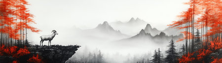 Ink painting of a goat on a cliff, red leaves, misty mountains in the background, minimalist styleの素材