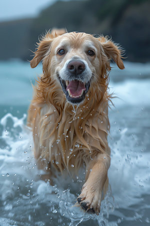 Golden retriever joyfully running through ocean wavesの素材