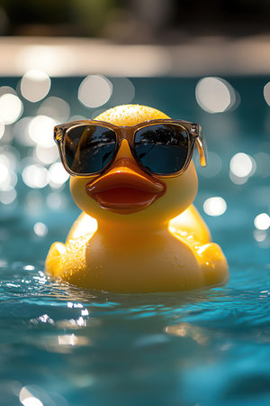 Rubber duck wearing sunglasses, floating playfully in a sunlit poolの素材