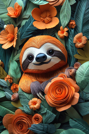 Smiling sloth surrounded by vibrant papercrafted flowers and leaves, cheerful and relaxedの素材