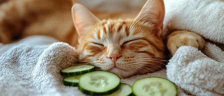 A serene ginger cat with cucumber slices and a towel, ready for relaxationの素材