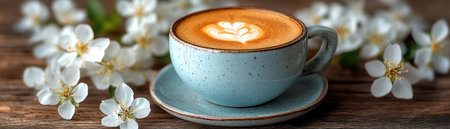 A cup of latte with artful foam, surrounded by white blossoms on a rustic wooden tableの素材