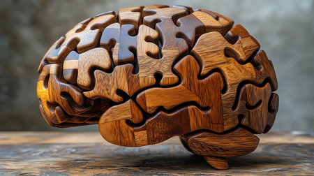A wooden brain puzzle assembled on a table with a textured dark backgroundの素材