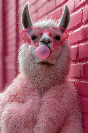 Cool llama in pink sunglasses, blowing bubblegum, pink backdrop, centered, quirky and stylishの素材