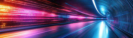 Neonlit digital tunnel, vibrant colors, abstract data flow, dynamic perspectiveの素材
