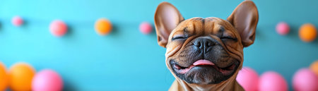 Adorable puppy winking and smiling, playful expression, bright blue backgroundの素材