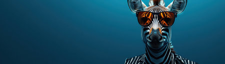 Zebra in a striped suit and sunglasses, confidently posing against a blue backgroundの素材