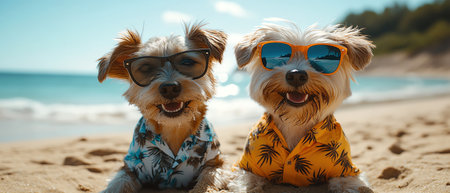 Two dogs on the beach wearing sunglasses and Hawaiian shirts, soaking up the sunの素材