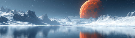 Surreal icy landscape with towering mountains and a massive planet in the sky, reflected in calm watersの素材