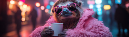 Quirky sloth in pink fur coat and sunglasses, holding a cup, standing in a neonlit urban settingの素材