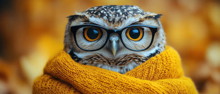 Owl wearing glasses and a sweater, vibrant yellow background, portraitstyle closeupの素材