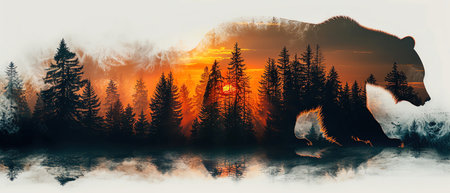 Double exposure of a bear silhouette with a forest at sunrise inside, blending wildlife with natural landscapesの素材