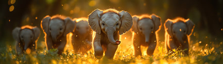 A group of baby elephants playfully running towards the camera in a lush green field, warm sunlightの素材