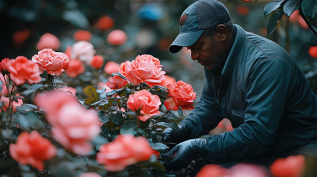 A gardener tending to bright pink roses in a lush gardenの素材