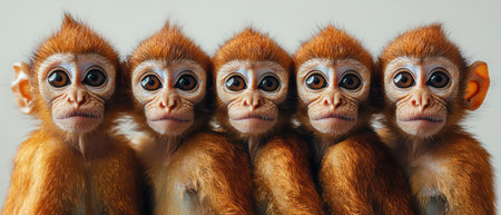 A group of monkeys posing against a white background, each with unique expressions, closeupの素材