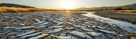Dried fish scattered across the cracked, dry riverbed under a clear skyの素材