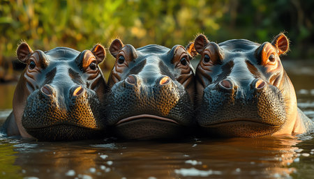 Four hippos peeking out of the water, closeup, with curious expressions, sunset lightの素材