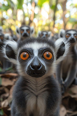 Group of excited lemurs in a forest, wideeyed and playful, closeup shotの素材