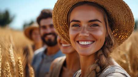 Group of happy farmers standing in a golden wheat field, bright smiles under a clear blue skyの素材