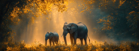 Elephants walking through a misty, lush rainforest, with soft light filtering through the treesの素材