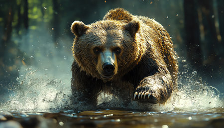 Charging bear running through a dense forest, intense focus, actionpacked sceneの素材