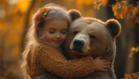 A girl hugging a bear in a forest, warm and tender moment, soft lightの素材