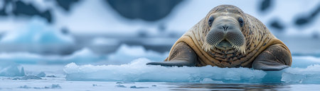 A walrus resting on a floating ice sheet in the Arctic, surrounded by icy waters and glaciersの素材