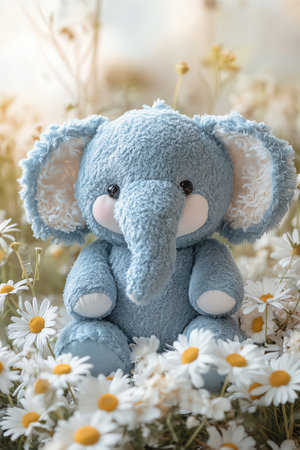 A soft blue stuffed elephant toy sitting among fresh daisies, a pastel backdrop adds a gentle feelの素材