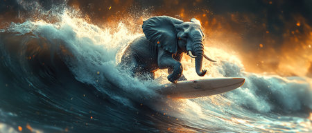 Elephant riding a surfboard on a large ocean wave, midaction, surreal scene, bright daylight, whimsical moodの素材