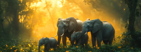 Elephant family walking through a dense forest, soft light streaming through the trees, peaceful atmosphereの素材