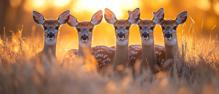 Group of deer peering through tall grass, alert and curious, early morning lightの素材