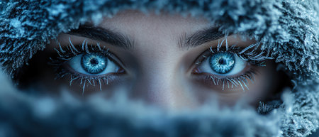 Closeup of a person with frostcovered hood and icy lashes, their bright eyes piercing through the coldの素材