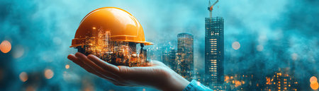Cityscape held in a hand, nestled under a construction helmet, symbolizing urban development and innovationの素材