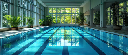 An empty indoor swimming pool with crystalclear water, lined with lanes, surrounded by large windows and green plantsの素材