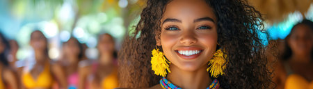 Happy woman in bright workout clothes leading a dance class, energetic and lively atmosphereの素材
