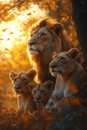 Lion pride lounging in a savannah at sunset, warm golden light, autumn foliageの素材