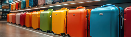 Rows of brightly colored suitcases in a shop, ready for travelers to choose their next adventure companionの素材