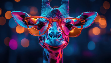 Neoncolored giraffe wearing oversized glasses, vibrant splashes of paint in the background, glowing in the dark, edgy styleの素材