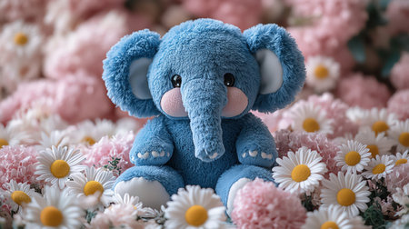 Plush blue elephant toy surrounded by daisies, soft pastel background, playful and cuteの素材