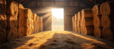 Stacks of hay bales fill a rustic barn, sunlight filtering through the open doorの素材
