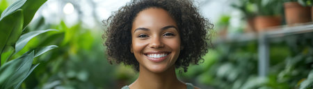 Woman smiling in a greenhouse, surrounded by lush plants, symbolizing sustainable farming and growthの素材