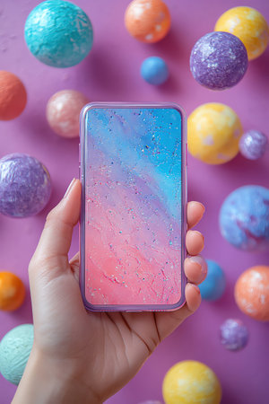 Hand holding a smartphone, surrounded by floating planets and spheres against a purple backgroundの素材