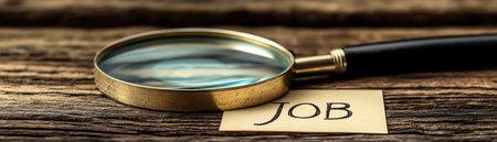 Magnifying glass over a sticky note labeled JOB on a wooden table, symbolizing job search effortsの素材
