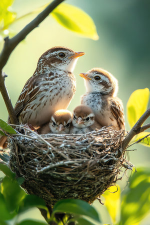 Two birds perched on a branch watching over their nest with two baby chicks, soft morning lightの素材