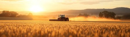 Tractor in golden wheat field, sunset glow, dust rising, warm tones, peaceful rural landscapeの素材