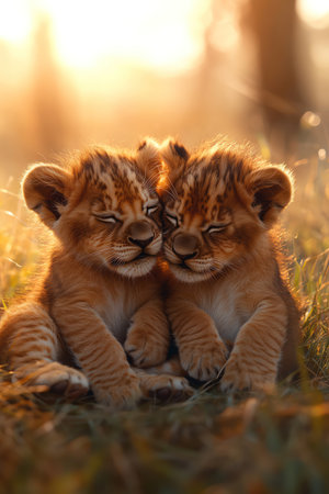 Three lion cubs cuddling together on the grass, soft, golden lightの素材