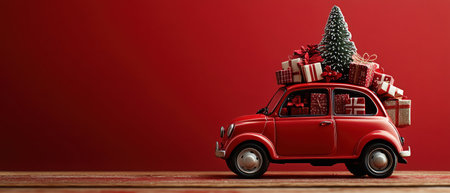Miniature red car loaded with Christmas gifts and a tree, set against a festive red backgroundの素材