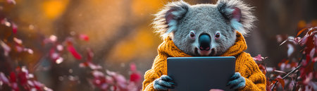 Koala dressed in human clothes, holding a laptop, quirky expression, gradient background, playful and whimsicalの素材